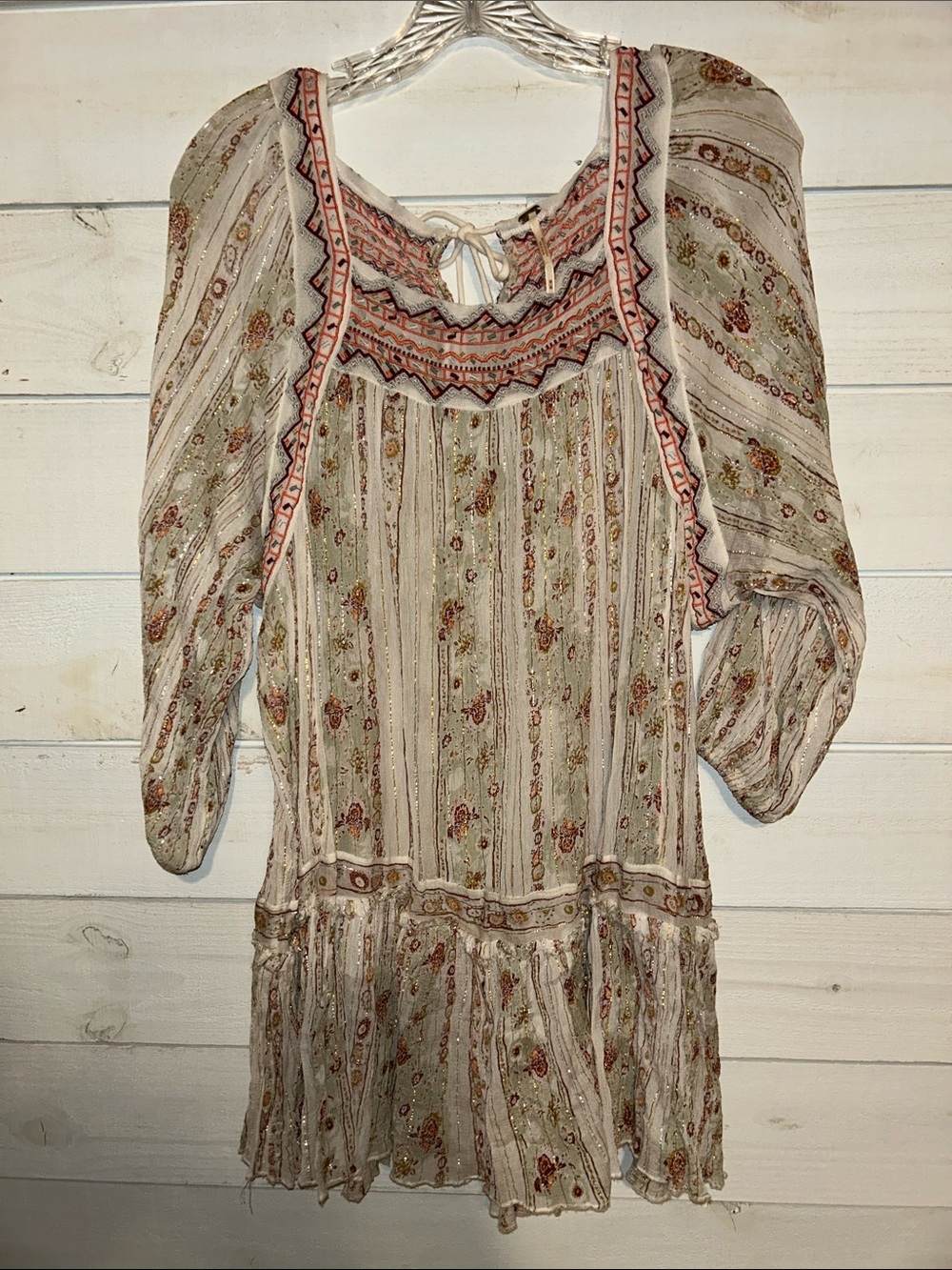Free People ✌️ Boho Floral Cream & Pink Peasant tunic